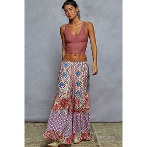 POL Boho Mixed Floral Print Tiered Wide Leg Ruffle Pants Multi Color SMALL